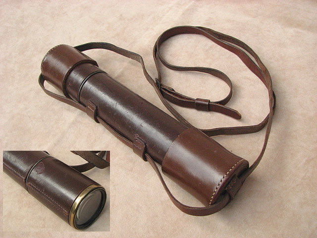 Broadhurst Clarkson 3 draw leather clad telescope with end caps & strap. Inset shows scuff mark on hood.